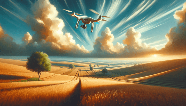 początki latania dronem, otwarte pole, dron w locie, hobby dronowe, nauka pilotażu