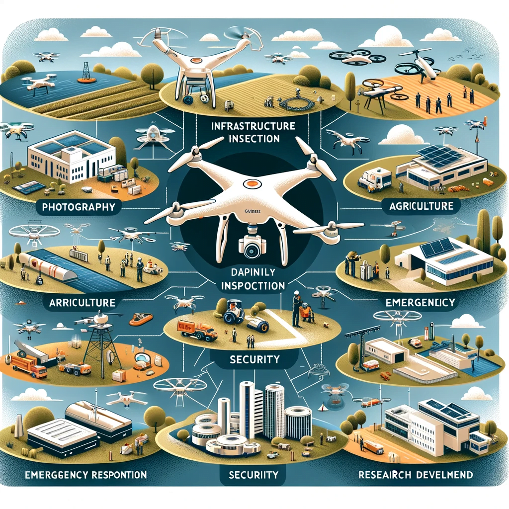 Infografika prezentująca różne zastosowania dronów